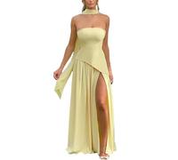 Women Strapless Corset Asymmetrical High Split Flowy Maxi Dresses Evening Gown Wedding Guest Dress with Scarf, Yellow, M
