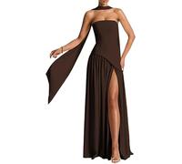 Women Strapless Corset Asymmetrical High Split Flowy Maxi Dresses Evening Gown Wedding Guest Dress with Scarf, Brown, L