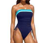 Women Strapless One Piece Swimsuit - Bandeau Tummy Control Bathing Suit, Navy Blue Color Block, Medium