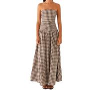 Women Strapless Tube Top Maxi Dress Drop Waist A Line Flowy Long Sundress Loose Ruched Long Maxi Dresses, Brown Plaid, L