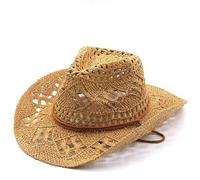 Women Straw Cowboy Hats UV Sun Protection Western Cowgirl Hat Hollow Out Cowgirl Sun Hats Lightweight Foldable Packable Summer Travel Straw Sun Hat for Holiday Travel Hiking (Khaki, One Size)