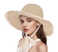 Women Straw Hat with Lace Girl Summer Wide Brim Sun Hat Foldable Beach Travel Roll Up Cap Elegant Crochet Straw Hat