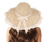 Women Straw Hat with Lace Girl Summer Wide Brim Sun Hat Foldable Beach Travel Roll Up Cap Elegant Crochet Straw Hat