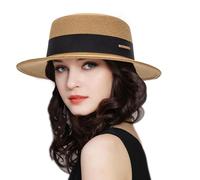 Women Straw Sun Hat Flat Top Boater Hat - Classic Panama Wide Brim Fedora Summer Beach Sun Hat