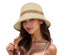 Women Straw Sun Hat - Summer Wide Brim Summer UV Protection Beach Hat Foldable Packable Crochet Bucket Hat for Outdoor Travel Beige