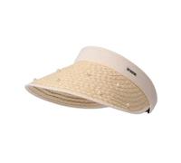 Women Straw Visor Sun Hat, Pearl Decor Wide Brim Hollow Top Beach Cap, Adjustable Foldable UV Protection Outdoor Summer Sun Visor