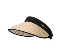 Women Straw Visor Sun Hat, Pearl Decor Wide Brim Hollow Top Beach Cap, Adjustable Foldable UV Protection Outdoor Summer Sun Visor