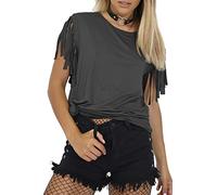 Women Stretch Short Sleeve Baggy Oversized Plain Round Neck Fringe Tshirt Charcoal M/L (UK 12/14)