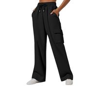 Women Stretch Wide Leg Cargo Trousers Elasticated High Waisted Sweatpants With Multiple Solid Color Drawstring Tracksuit Bottoms Lightweight Baggy Joggers Flared Bootcut Combat Pants Y2K Streetwear