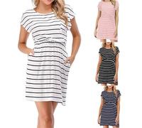 Women Stripe Pregnancy Breast-Feeding Dress UK Sale Ladies Maternity Nursing Gown Short Sleeve Skirt Round Neck Maxi Side Ruched Midi Dresses A-Line Dress Loose Fit Gown Summer Skirt Comfort Clothes