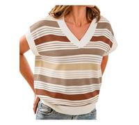 Women Striped Color Block Sweater Vest Cap Sleeve V Neck Knit Pullover Tops, Brown, Small