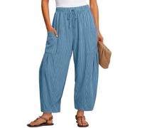 Women Striped Cotton Linen Lantern Cropped Trousers uk Drawstring Elasticated Waist Wide Leg Harem Trouser Casual Summer Oversize Loose Barrel Pant Pockets Ladies Vacation Beach Travel Palazzo Bottoms