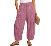 Women Striped Cotton Linen Lantern Cropped Trousers uk Drawstring Elasticated Waist Wide Leg Harem Trouser Casual Summer Oversize Loose Barrel Pant Pockets Ladies Vacation Beach Travel Palazzo Bottoms