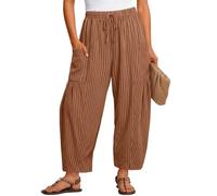 Women Striped Cotton Linen Lantern Cropped Trousers uk Drawstring Elasticated Waist Wide Leg Harem Trouser Casual Summer Oversize Loose Barrel Pant Pockets Ladies Vacation Beach Travel Palazzo Bottoms