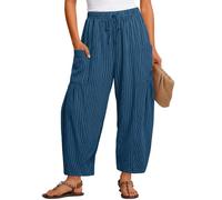 Women Striped Cotton Linen Lantern Cropped Trousers uk Drawstring Elasticated Waist Wide Leg Harem Trouser Casual Summer Oversize Loose Barrel Pant Pockets Ladies Vacation Beach Travel Palazzo Bottoms