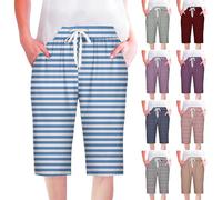 Women Striped Half Trousers Sale Clearance, Ladies Knee Length Cotton Linen Shorts Bermuda Shorts Drawstring Pants Elastic Waist Sweat Lounge Shorts Beach Shorts with Pockets Pyjama Shorts