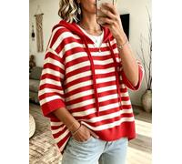 Women Striped Hooded Knit Top Half Sleeve Loose Casual Pullover Sweater | Classic stripe print drawstring hood design relaxed loose fit lightweight knit fabric casual short sleeve hoodie