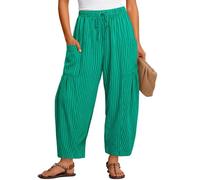 Women Striped Lantern Cropped Trousers UK Drawstring Elasticated Waist Wide Leg Harem Trouser Casual Summer Oversize Loose Barrel Pant Pockets Ladies Vacation Beach Travel Palazzo Bottoms Green