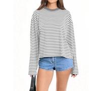 Women Striped Long Sleeve T Shirt Crew Neck Oversized Sweatshirt Drop Shoulder Boxy Tee Shirts Y2k Crop Tops(Baggy Grey,M)