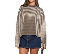 Women Striped Long Sleeve T Shirt Crew Neck Oversized Sweatshirt Drop Shoulder Boxy Tee Shirts Y2k Crop Tops(Baggy Brown,S)