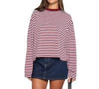 Women Striped Long Sleeve T Shirt Crew Neck Oversized Sweatshirt Drop Shoulder Boxy Tee Shirts Y2k Crop Tops(Baggy Pink,S)