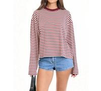 Women Striped Long Sleeve T Shirt Crew Neck Oversized Sweatshirt Drop Shoulder Boxy Tee Shirts Y2k Crop Tops(Striped Red,L)