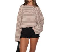 Women Striped Long Sleeve T Shirt Crew Neck Oversized Sweatshirt Drop Shoulder Boxy Tee Shirts Y2k Crop Tops(Striped Pink,S)