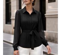 Women Striped Mesh Tie Waist Long Sleeve Shirt(Black XXL)