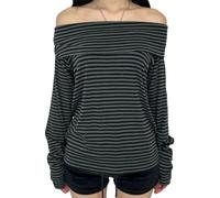 Women Striped Off Shoulder Knit Top Foldover Long Sleeve Y2K Slim Fit | Foldover layered neckline, ribbed fitted cuffs, stretchy soft knit, slim bodycon fit, grunge retro aesthetic