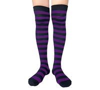 Women Striped Over Knee Stockings, Cotton Thigh High Tube Long Stocks For Cosplay/Goth/Christmas Party GB-LW-3 (Black and Purple Striped)