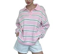 Women Striped Oversized Polo Shirt Long Sleeve Lapel Collar Pullover Sweater Color Block Rugby Sweatshirt