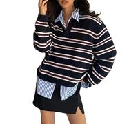 Women Striped Oversized Polo Shirt Long Sleeve Lapel Collar Pullover Sweater Color Block Rugby Sweatshirt