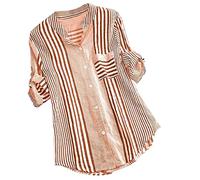 Women Striped Shirt 3/4 Length Sleeves Linen Tops Elegant Blouse Grandad Collar Cotton Shirts Button Up Longline Tunic Tops Casual Dressy Tops Going Out Work Office Blouses V Neck Tee Shirts Plus Size