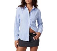 Women Striped Shirts Long Sleeve Button Down Casual Slim Fit Blouse Tops | Adjustable cross tie back waist for customized fit, full button front closure, lightweight breathable fabric