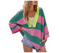 Women Striped V Neck Sweatshirt Casual Loose Fit Long Sleeve Pullover Lightweight Color Block Drop Shoulder Top Y2K Clothes Teen Girls Going Out Tops, L Hot Pink