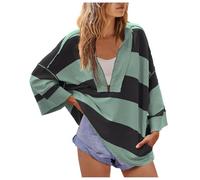 Women Striped V Neck Sweatshirt Casual Loose Fit Long Sleeve Pullover Lightweight Color Block Drop Shoulder Top Y2K Clothes Teen Girls Going Out Tops, XXL Army Green