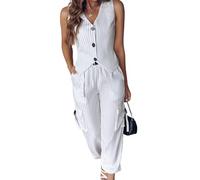 Women Striped Vest Office Wear Suit 2 Pcs/set Pants Set V Neck Sleeveless Single-breasted Waistcoat High Waist Drawstring Hem White 2XL