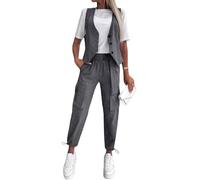 Women Striped Vest Office Wear Suit 2 Pcs/set Pants Set V Neck Sleeveless Single-breasted Waistcoat High Waist Drawstring Hem Grey S