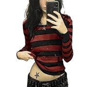 Women Striped Y2k Long Sleeve Crop Top Ribbed Aesthetic Grunge T Shirt Vintage Slim Harajuku Shirts 90S Trendy Blouse (Dark Red#2, M)