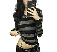 Women Striped Y2k Long Sleeve Crop Top Ribbed Aesthetic Grunge T Shirt Vintage Slim Harajuku Shirts 90S Trendy Blouse (Grey#2, XL)