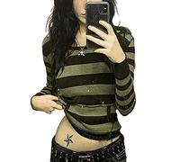 Women Striped Y2k Long Sleeve Crop Top Ribbed Aesthetic Grunge T Shirt Vintage Slim Harajuku Shirts 90S Trendy Blouse (Olive Green#2, L)
