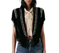 Women Studded Tassel Vest Y2K Sleeveless Fringe Wide Eyes Suede Collar Shawl Open Front Boho Western Jacket Cardigan 70s Hippie Cowgirl Outfits (A-Black, ONE SIZE)
