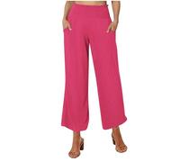 Women Stylish Cotton Linen Trousers Casual Loose Stretch High Waist Wide Leg Pants Elegant Classic Solid Color 2 Pockets Straight Trousers Ladies Loose Comfortable Lounge Trousers