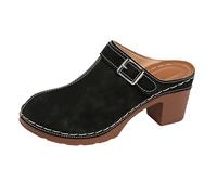 Women Suede Leather Wedge Clogs Sandals Wide Fit Heeled Sandals with Arch Support Summer Comfortable Closed Toe Sandal Lightweight Heels Backless Mules for Daily Wear Black