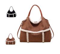 Women Suede Tote with Faux Lamb Wool Lined, Vintage Large Capacity Plush Shoulder Bag, Slouchy Plush Trimmed Purses Handbag (Brown)