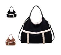 Women Suede Tote with Faux Lamb Wool Lined, Vintage Large Capacity Plush Shoulder Bag, Slouchy Plush Trimmed Purses Handbag (Black)