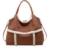 Women Suede Tote with Faux Lamb Wool Lined, Vintage Large Capacity Plush Shoulder Bag, Slouchy Plush Trimmed Purses Handbag (Black)