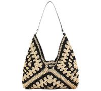 Women Summer Beach Bags Large Capacity Straw Woven Tote Bag Stripes Woven Shoulder Bag All-matched Top-Handle Bag (Black)