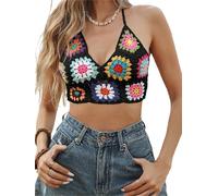 Women Summer Beach Crochet Halter Top Bralette Knit Bra Bikini Sleeveless Tie Boho Floral Cami Tops Beachwear (A-Black, S)