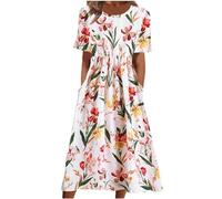 Women Summer Beach Dress Boho Casual Front Pleated Dresses Floral Printed Loose Pockets Holiday Sundress Ladies Elegant Short Sleeve Midi Dresses Flower Swing Flowy Dress
